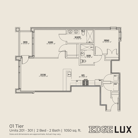 A floor plan for a 1050 sq. ft. home with two bedrooms and two bathrooms.